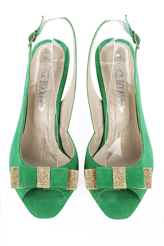 Emerald green women's slingback sandals. Square toe. High slim heel. Top view - Florence KOOIJMAN